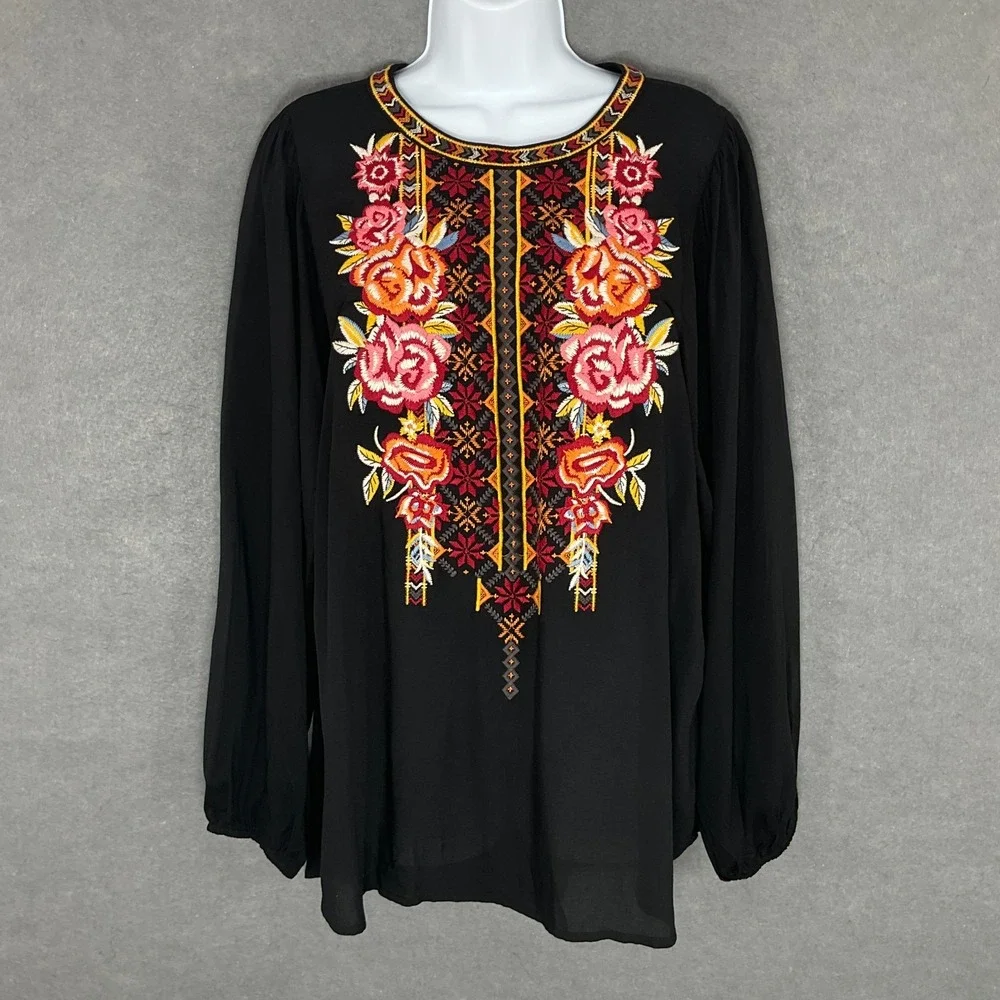Andree By Unit Blouse Womens Large Floral Embroidery Boho Hippie Peasant Balloon - Picture 1 of 13